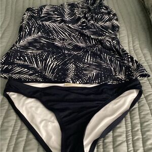 Michael Kors Navy Blue and White Leaf Print Swimsuit